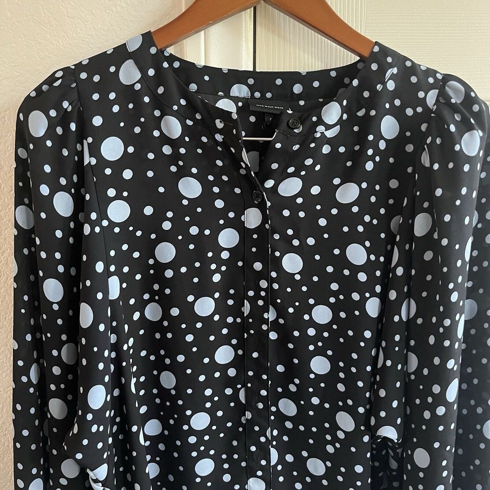 Who What Wear Shirt Blouse Long Sleeve Ruffle Black Gray Polka Dot Sheer Balloon - Picture 8 of 16